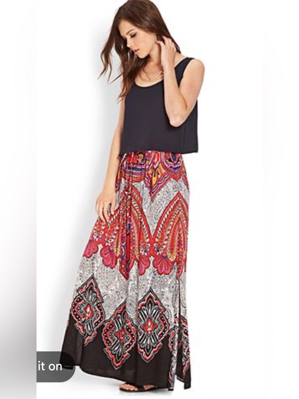 Forever 21 Black Maxi Skirt with Red & Pink Paisley Print